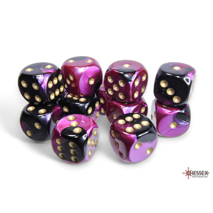 CHX 26640 Gemini Black-Purple/gold 16mm d6 Dice Block (12 dice)