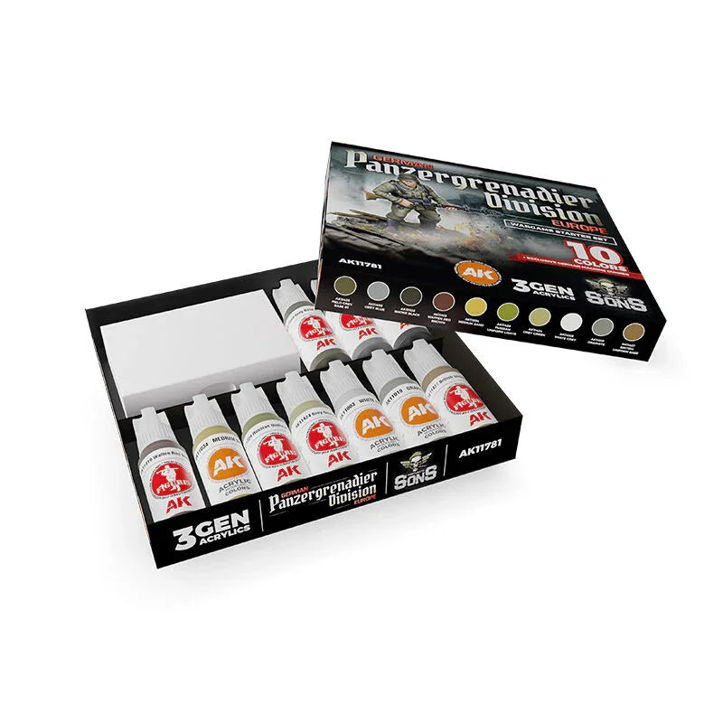 AK Interactive Wargame Starter Set: German Panzergrenadier Division Europe - (10 Colors + Exclusive Figure German Machine Gunner)