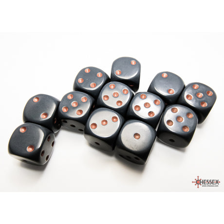 CHX 25620 Opaque Dark Grey/copper 16mm d6 Dice Block (12 dice)