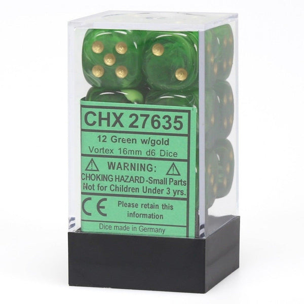 CHX 27635 Vortex 16mm D6 Dice Block Green/Gold - Gap Games