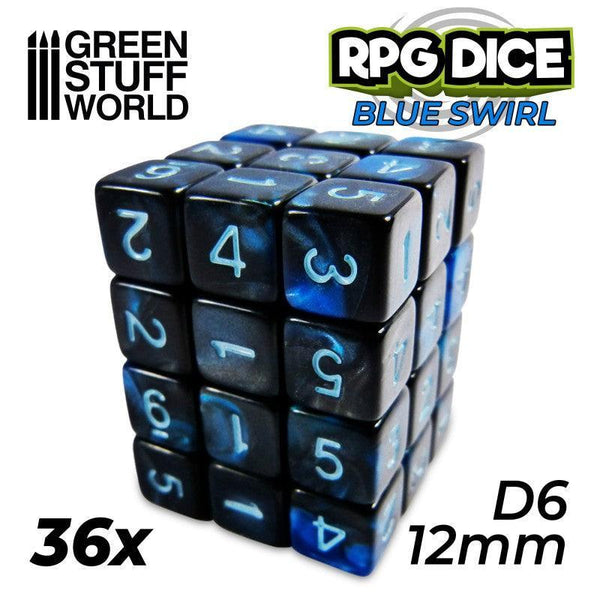 36x D6 12mm Dice - Blue Swirl - Gap Games