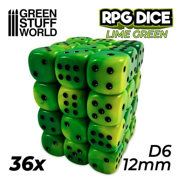 36x D6 12mm Dice - Lime Swirl - Gap Games