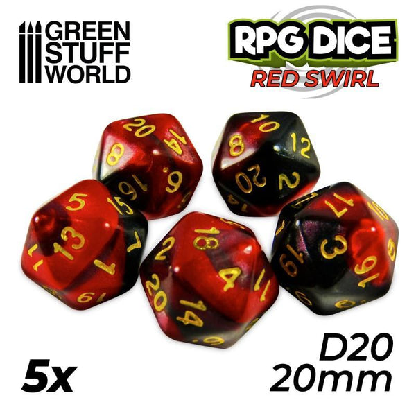 5x D20 20mm Dice - Red Swirl - Gap Games
