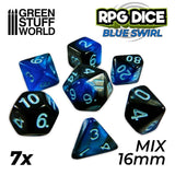 7x Mix 16mm Dice - Blue Swirl - Gap Games