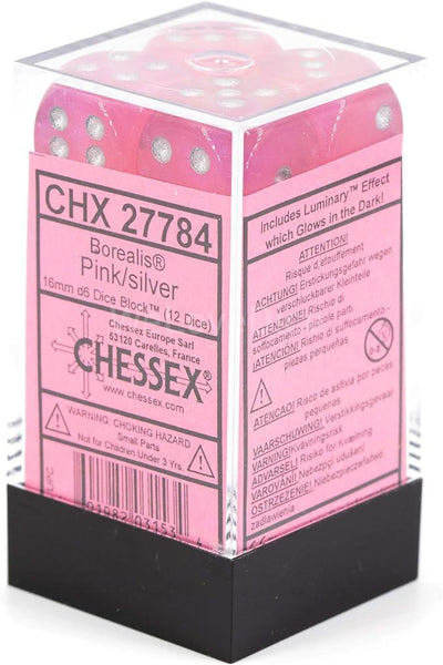 CHX 27784 Borealis 16mm D6 Dice Block Pink/Silver (Luminary Effect) - Gap Games