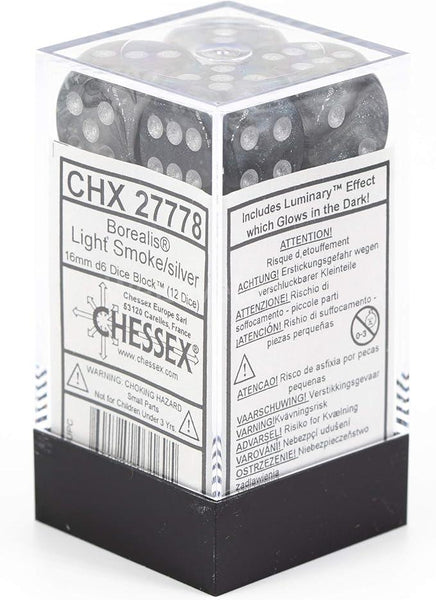 CHX 27778 Borealis 16mm D6 Dice Block Light Smoke/Silver (Luminary Effect) - Gap Games