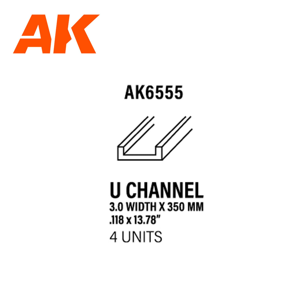 AK Interactive Styrene U Channel 3.0 width x 350mm (pack of 4)