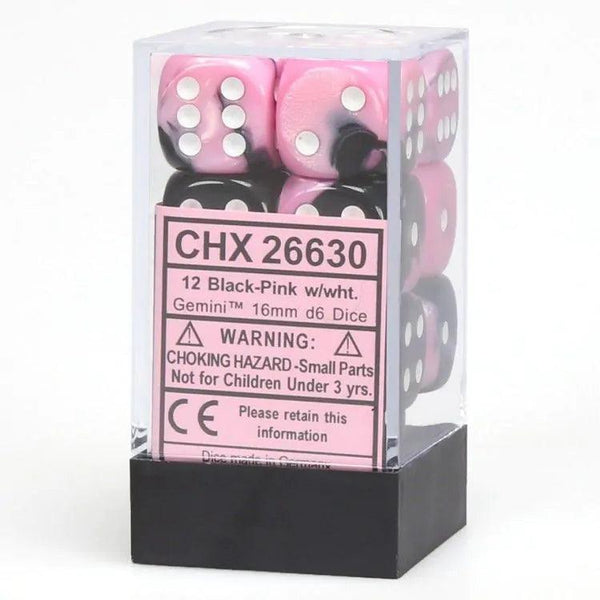 CHX 26630 Gemini 16mm D6 Dice Block Black-Pink/White - Gap Games