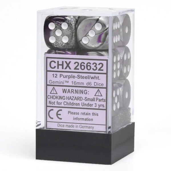 CHX 26632 Gemini 16mm D6 Dice Block Purple-Steel/White - Gap Games