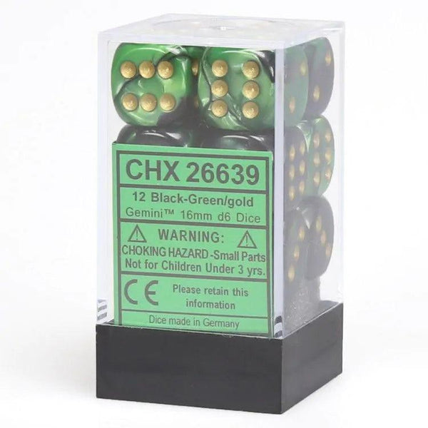 CHX 26639 Gemini 16mm D6 Dice Block Black-Green/Gold - Gap Games