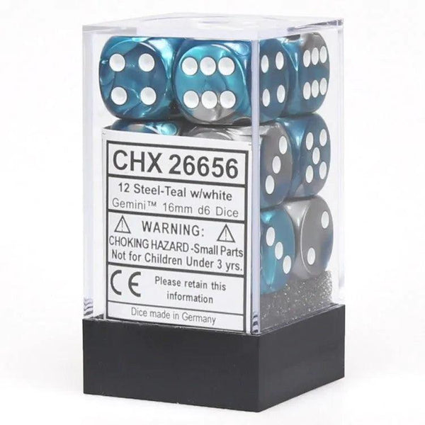 CHX 26656 Gemini 16mm D6 Dice Block Steel-Teal/White - Gap Games