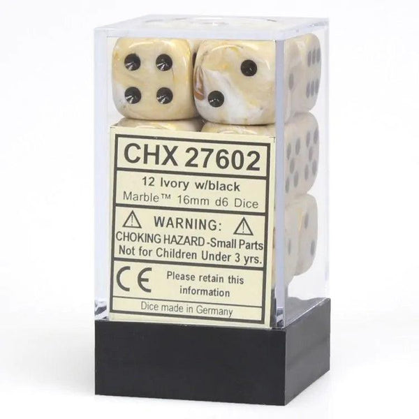 CHX 27602 Marble 16mm D6 Dice Block Ivory/Black - Gap Games