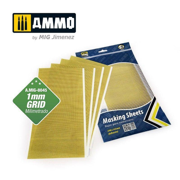 Ammo by MIG Accessories Masking Sheets 1mm Grid (x5 sheets, 290mm x 145mm, adhesive) - Gap Games