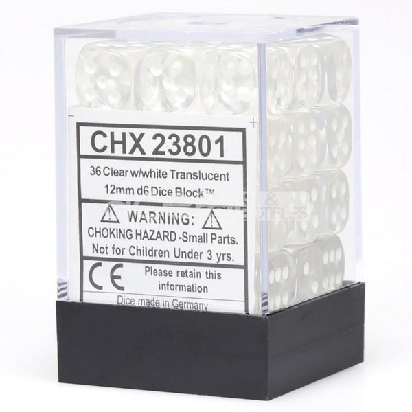 CHX 23801 Translucent 12mm D6 Dice Block Clear/White - Gap Games