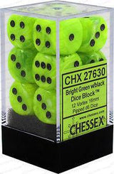 Chessex D6 Vortex 16mm d6 Bright Green/black Dice Block (12 dice) - Gap Games