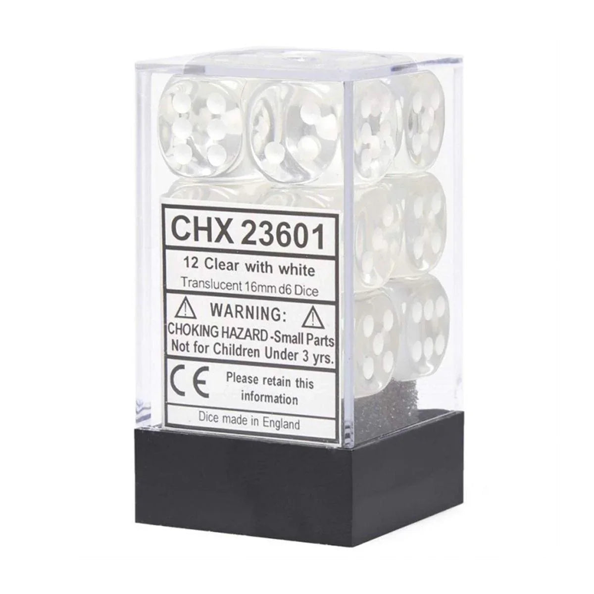 CHX 23601 Translucent 16mm d6 Clear/White Block (12) - Gap Games