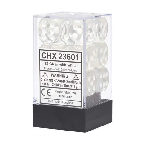 CHX 23601 Translucent 16mm d6 Clear/White Block (12) - Gap Games
