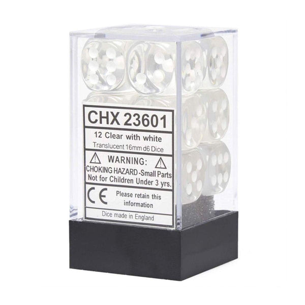 CHX 23601 Translucent 16mm d6 Clear/White Block (12) - Gap Games