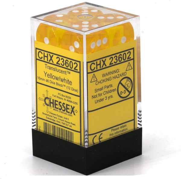 CHX 23602 Translucent 16mm D6 Dice Block Yellow/White - Gap Games