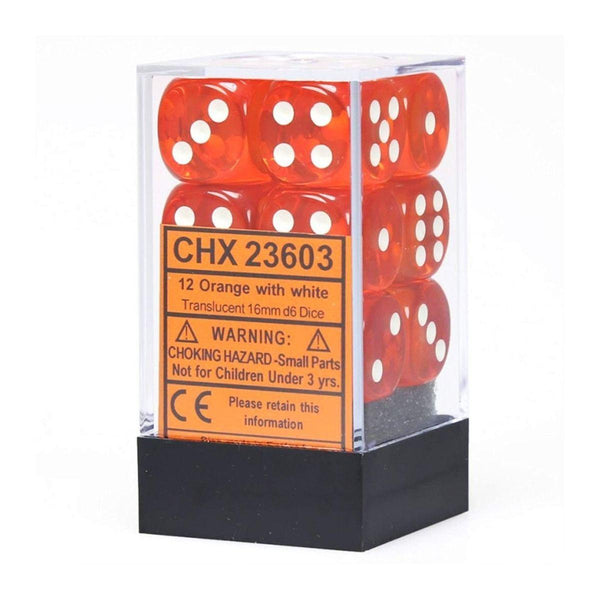 CHX 23603 Translucent 16mm d6 Orange/white Block (12) - Gap Games