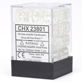 CHX 23801 Translucent 12mm D6 Dice Block Clear/White - Gap Games