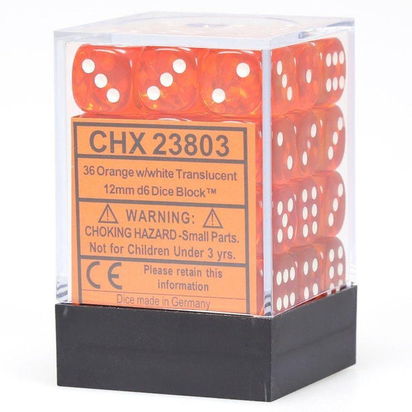 CHX 23803 Translucent 12mm d6 Orange/White Block (36) - Gap Games