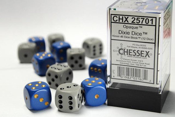 CHX 25701 16mm D6 Dice Block Dixie 6x Blue/Yellow 6x Dark Grey/Black - Gap Games