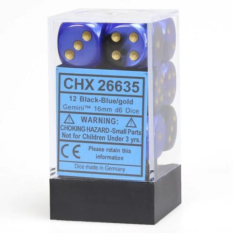 Chessex Gemini Dadi D6 12 Pezzi - BLACK BLUE Gold 26635 - Dadi A 6 Facce 16mm Con Punti, Nero E Blu Con Oro
