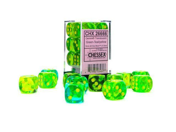 CHX 26666 Gemini 16mm d6 Translucent Green-Teal/Yellow Block (12) - Gap Games