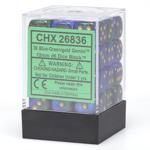 CHX 26836 Gemini 12mm d6 Blue-Green/Gold Block (36) - Gap Games