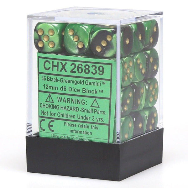 CHX 26839 Gemini 12mm d6 Black-Green/Gold Block (36) - Gap Games