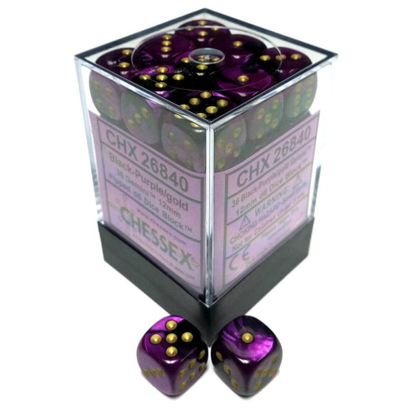 CHX 26840 Gemini 12mm d6 Black-Purple/Gold Block (36) - Gap Games