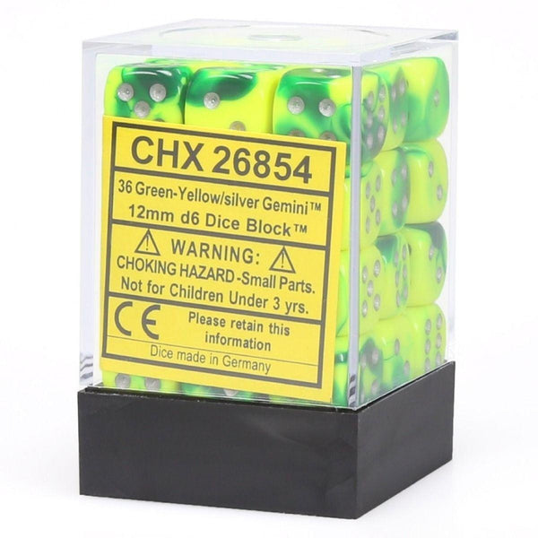 CHX 26854 Gemini 12mm d6 Green Yellow/Silver Block (36) - Gap Games
