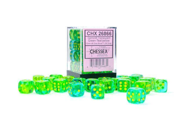 CHX 26866 Gemini 12mm d6 Translucent Green-Teal/Yellow Block (36) - Gap Games