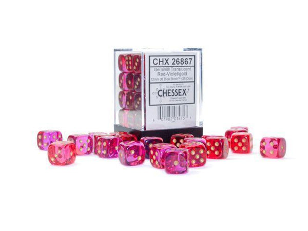 CHX 26867 Gemini 12mm d6 Translucent Red-Violet/Gold Block (36) - Gap Games