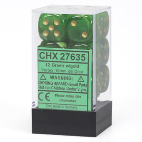 CHX 27635 Vortex 16mm D6 Dice Block Green/Gold - Gap Games