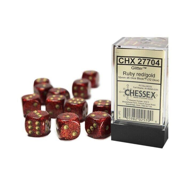 CHX 27704 Glitter 16mm D6 Dice Block Ruby/Gold - Gap Games