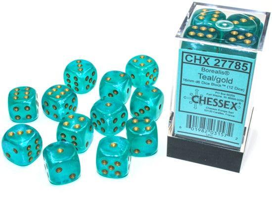 CHX 27785 Borealis 16mm D6 Dice Block Teal/Gold (Luminary Effect) - Gap Games