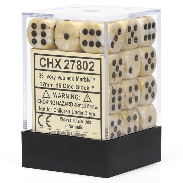 CHX 27802 Marble 12mm d6 Ivory/Black Block (36) - Gap Games