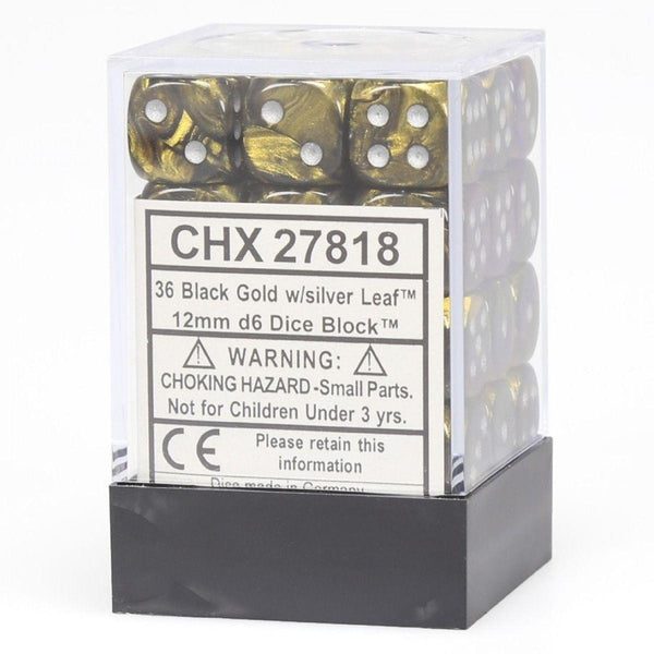 CHX 27818 Leaf 12mm d6 Black Gold/Silver Block (36) - Gap Games