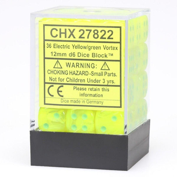 CHX 27822 Vortex 12mm d6 Electric Yellow/White Block (36) - Gap Games