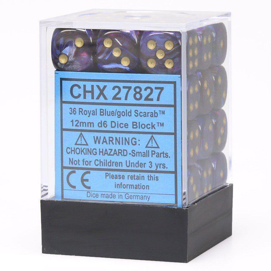 CHX 27827 Scarab 12mm d6 Royal Blue/Gold Block (36) - Gap Games