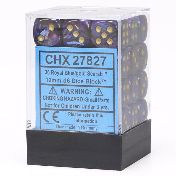 CHX 27827 Scarab 12mm d6 Royal Blue/Gold Block (36) - Gap Games