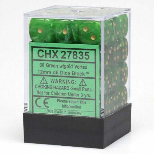 CHX 27835 Vortex 12mm D6 Dice Block Green/Gold - Gap Games