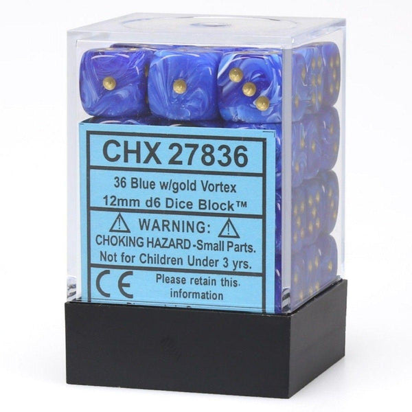CHX 27836 Vortex 12mm D6 Dice Block Blue/Gold (36) - Gap Games