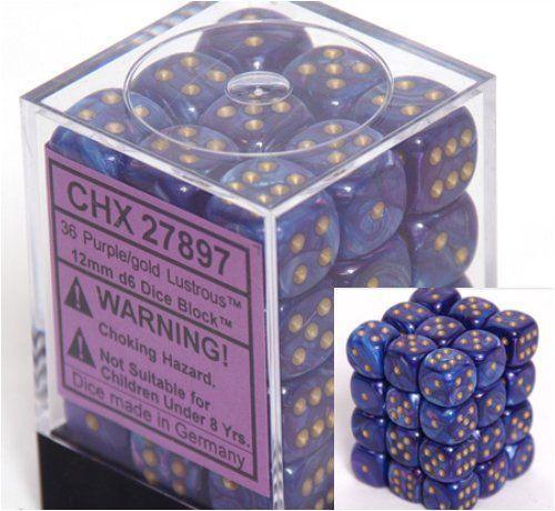 CHX 27897 Lustrous 12mm d6 Purple/Gold Block (36) - Gap Games