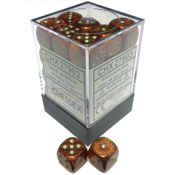 CHX 27903 Glitter 12mm d6 Gold/Silver Block (36) - Gap Games
