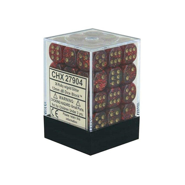 CHX 27904 Glitter 12mm d6 Ruby/Gold Block (36) - Gap Games