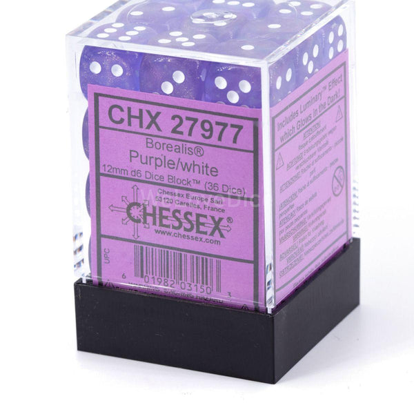 CHX 27977 Borealis 12mm D6 Dice Block Purple/White (Luminary Effect) - Gap Games