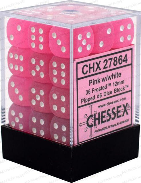 D6 Dice Frosted 12mm Pink/White (36 Dice in Display) - Gap Games